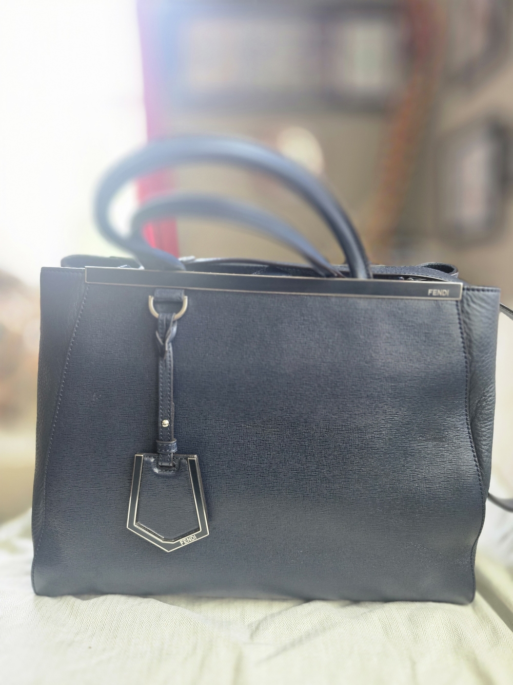 Fendi 2 Jour Navy Blue Leather  Bag